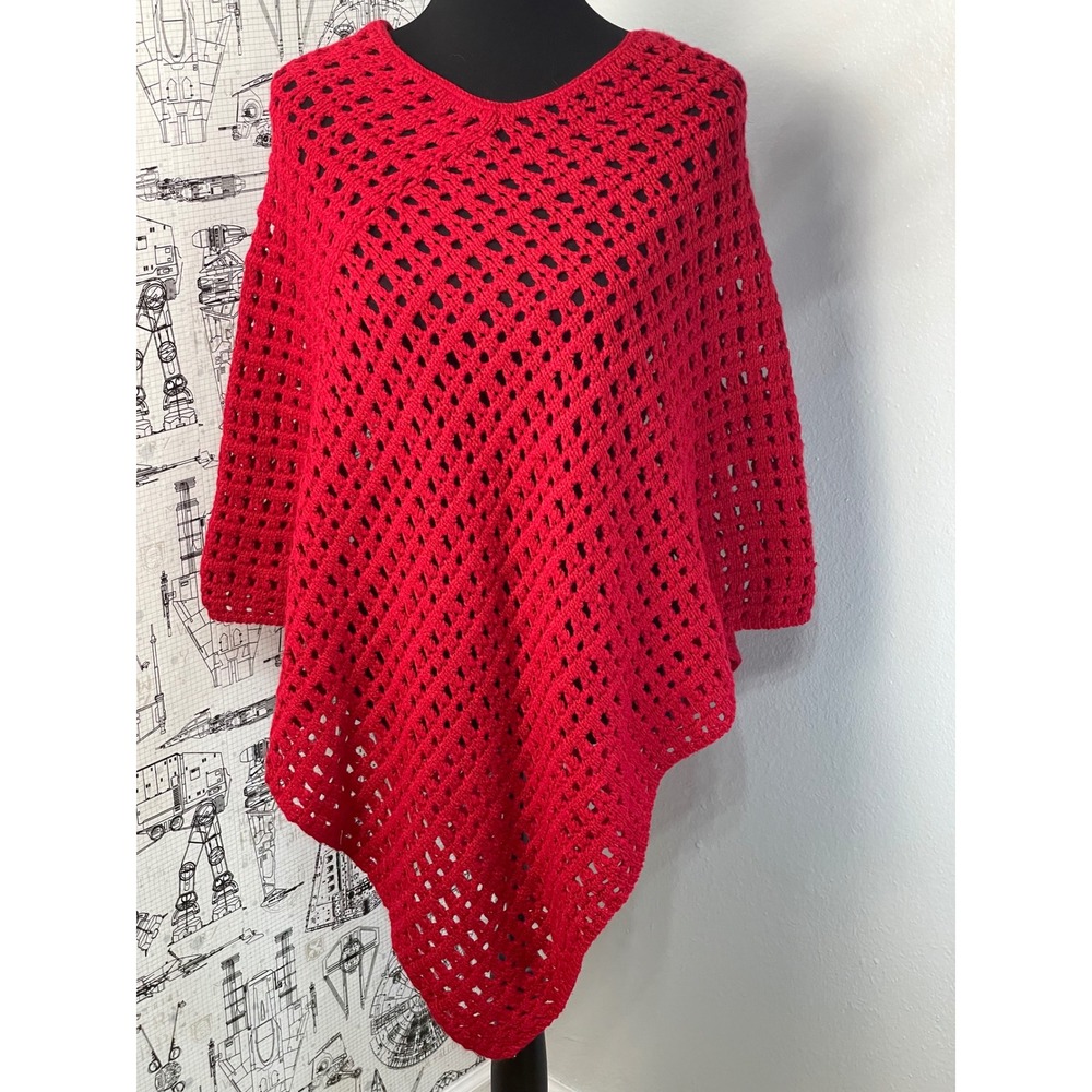 7 Sisters Crochet Poncho Wrap OS Red Open Knit V-Neck Made in USA